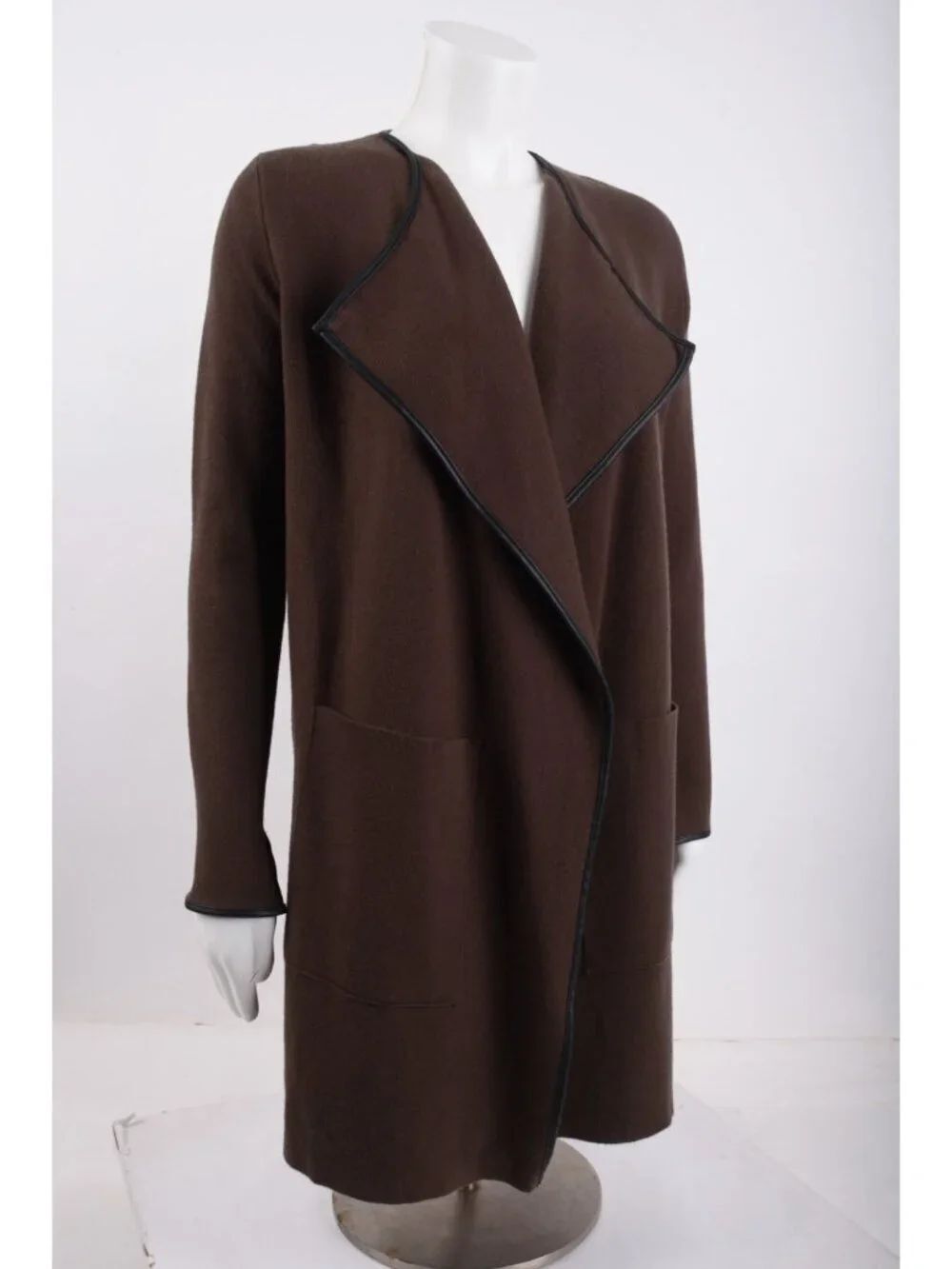 Zara Knit Womens Sweater Small Brown Cardigan Faux Leather Trim Open Front EUC - Picture 2 of 6
